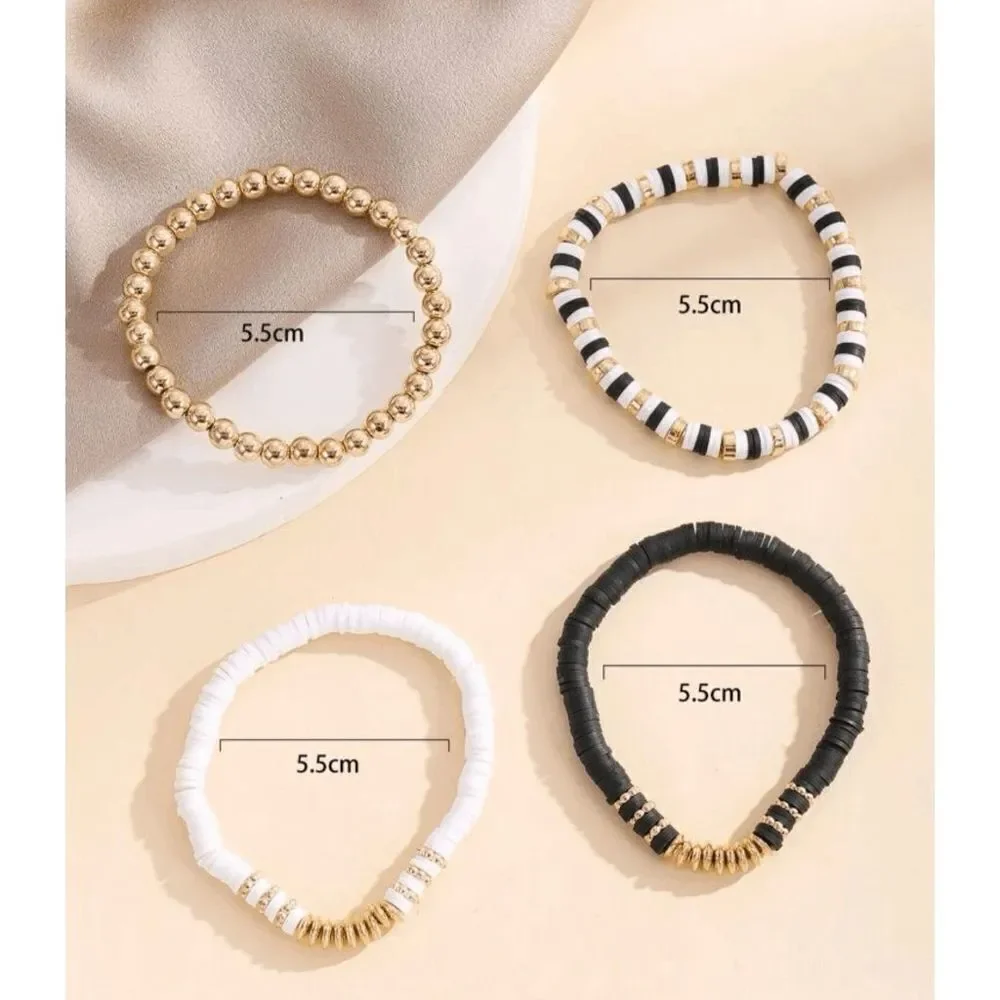4 Piece Neutral Handmade Polymer Clay Heishi & Gold Beaded Stretch Bracelets